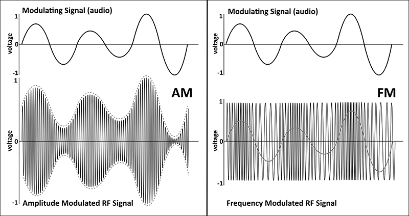 Time domain views of modulating audio signals and AM and FM modulated RF carrier signals.